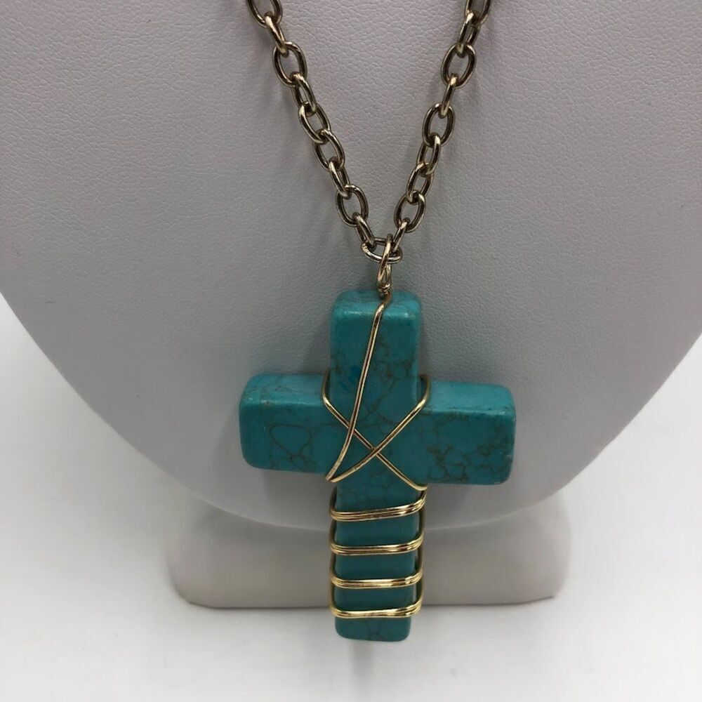 Vintage Turquoise Long Cross Pendant Necklace Handmade Religious Spiritual
